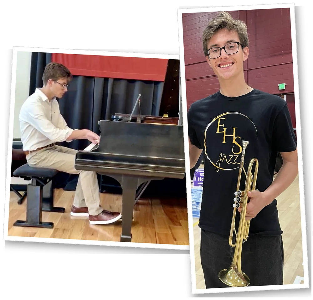 Two photos of Markus: playing a grand piano, and smiling while holding a trumpet